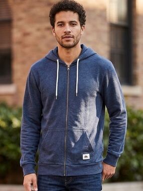 Quiksilver Men's Navy Full Zip Blue Fleece Hoodie Y2K
